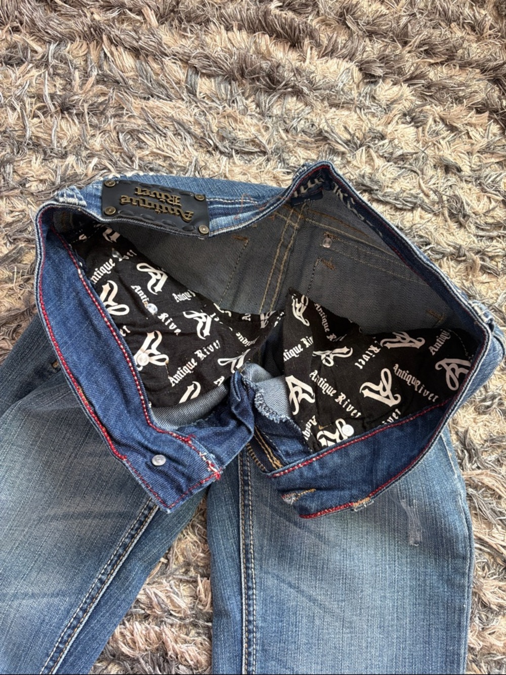 Antique Rivet Low-Rise Cotton Blue Flare Jeans with Subtle Distress - Picture 9 of 12